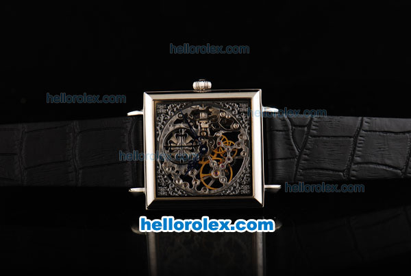 Patek Philippe Quadrate Skeleton Manual Winding Movement with White Bezel and Black Leather Strap - Click Image to Close